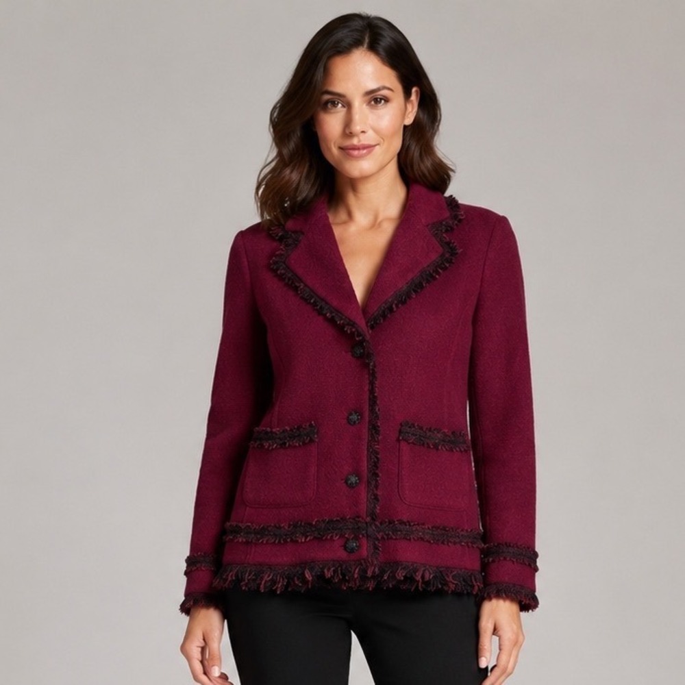 Karl Lagerfeld Blazer Womens Small Red Fringe Detail Jacket‎ Wool Blend
